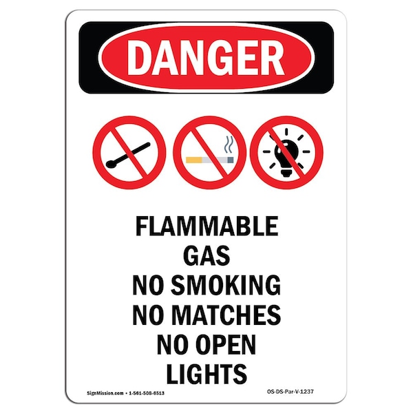 Safety Sign, OSHA Danger, 5" Height, Flammable Gas No, Portrait, 10PK
